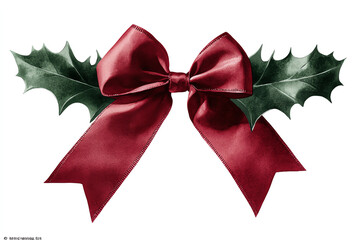 Holly leaves with red ribbon bow, white background