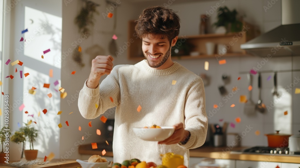 Wall mural A joyful man in a bright and festive kitchen celebrating with a bowl of fresh fruit, surrounded by colorful confetti