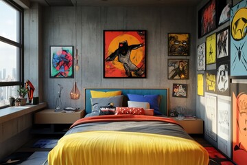 a mockup of art work, dorm room, pop style