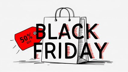 Minimalist black friday sale illustration on white fond with 50% off discount on paper bag, perfect for posters, banners, and retail promotions highlighting Black Friday discounts and shopping events.