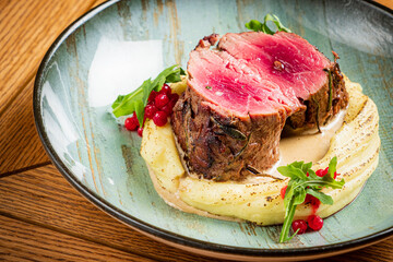 beef steak with mashed potato