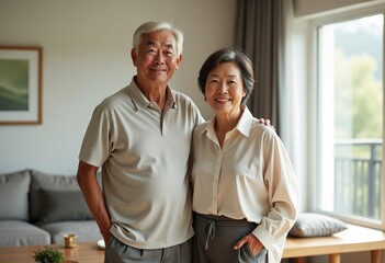 Obraz premium Heartwarming Image of an Elderly Korean Couple in Modern Clothing, Smiling Radiantly in Their Cozy Living Room Filled with Traditional Touches