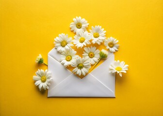 Obraz premium Open White Envelope on Yellow Surface with Daisies for Spring Greeting Cards and Invitations, Fresh and Simple Design