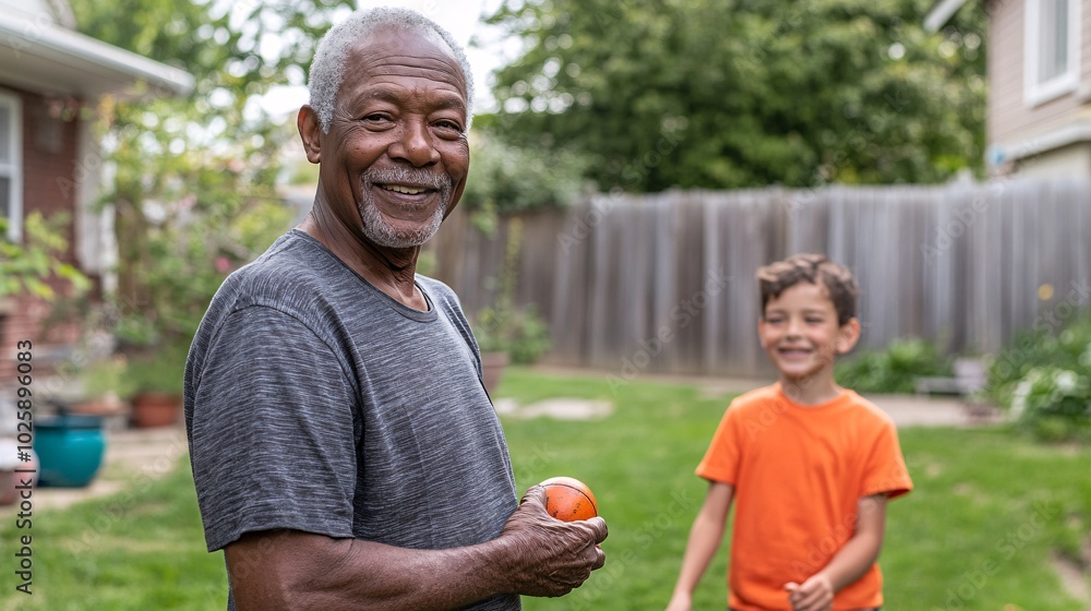 Poster bipoc elderly man playing catch with his grandson in a large backyard during a summer afternoon stoc