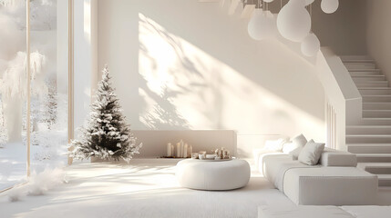 Stylish Christmas scandinavian minimalistic interior with white decor. 