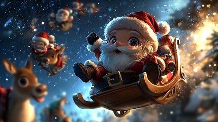 Cute Cartoon Santa Claus Flying in Sleigh with Reindeer on Snowy Night