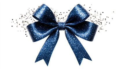 Shiny blue glitter bow, white isolated background