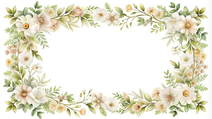 Fototapeta premium Rectangular frame surrounded by white and cream-colored flowers and green leaves. Ideal for invitation, card, wedding, quotes, mock up