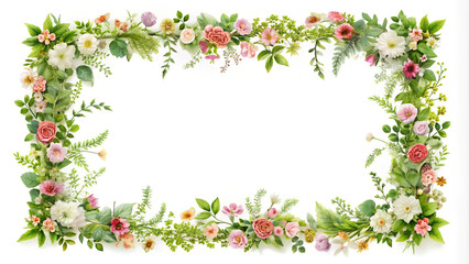 Rectangular frame surrounded by flowers, foliage and leaves. Ideal for invitation, card, wedding, quotes, mock up