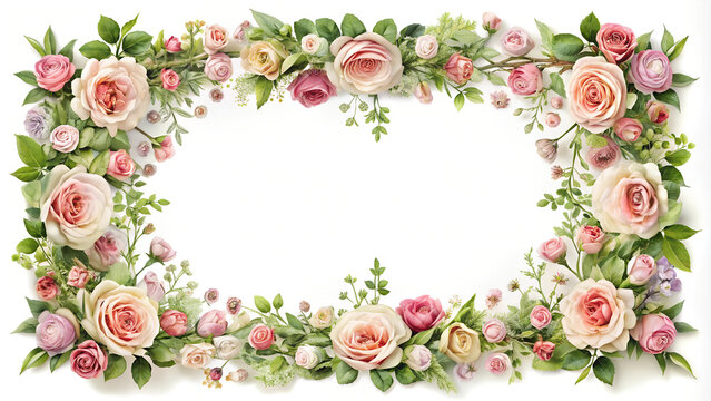 Rectangular frame surrounded by various pink and white roses, freen leaves & flowers. Ideal for invitation, card, wedding, quotes, mock up