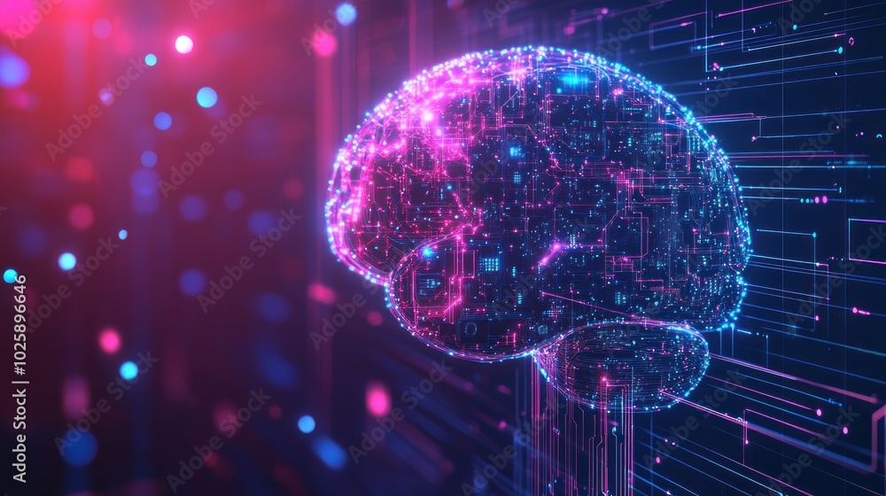 Poster a digital representation of a brain with vibrant colors and circuitry, symbolizing technology and in