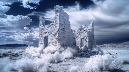 Naklejka premium An ancient desert ruin transformed by infrared photography, its stone walls glowing in surreal whites against the deep shadows