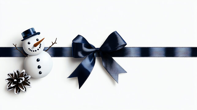 Snowman decoration with navy ribbon, white background