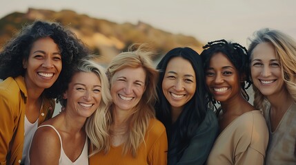 Fototapeta premium Group of Women of Various Ages and Ethnicities Smiling Together, Group Portrait, Diversity, Unity