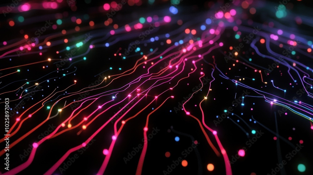 Poster abstract representation of flowing lines and glowing particles on a dark background.