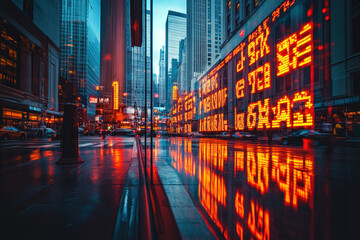 Cityscape with Illuminated Stock Market Ticker Reflected on Wet Street 