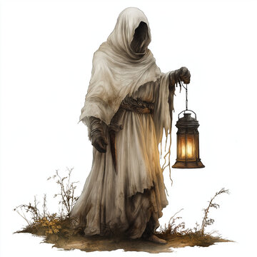 recommend clip art: A halloween clipart of a ghostly figure holding a lantern, white background 