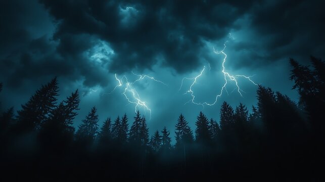 A dramatic nighttime storm with multiple lightning bolts branching across a dark sky, casting bright light over the silhouette of a dense forest of tall trees.