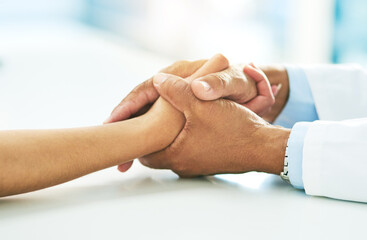 Doctor, people and holding hands for empathy in hospital, kindness and support for medical news....