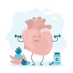 Strong heart bodybuilding with dumbbells. Healthy food and sport for strong heart. Cute character human heart, funny mascot.