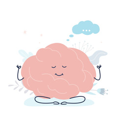 Cute cartoon smart human brain character relax and meditate. Central nervous system organ meditation in lotus yoga pose. Mental calm, funny relax brain mascot