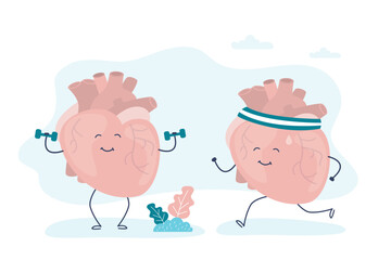 Strong heart jogging and bodybuilding with dumbbells. Healthy food and sport for strong heart. Cute character human heart, funny mascot.