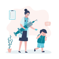 Doctor pediatrician holding syringe. Unhappy child is afraid of injections and syringes. Boy cry before injection. Kid afraid of doctors and clinics. Hospital pain.