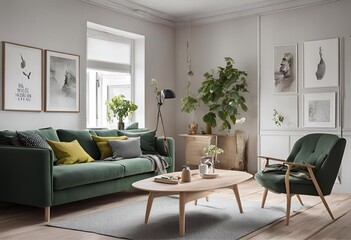 Fototapeta premium White living room with wooden furniture, green sofa with picture frames and beautiful decorative plants.