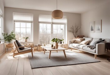 A bright, airy white living room with warmth, wooden furniture, a grey sofa and a square wooden table.