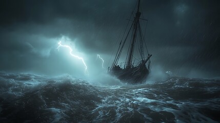 Fototapeta premium A dramatic scene of a small ship struggling against huge waves in a raging storm, the sky dark with storm clouds, and flashes of lightning illuminating the ocean.