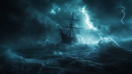 A dramatic scene of a small ship struggling against huge waves in a raging storm, the sky dark with storm clouds, and flashes of lightning illuminating the ocean.