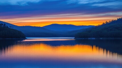 Obraz premium Serene Sunset Over Peaceful Mountain Lake