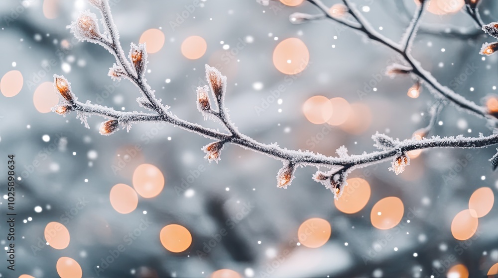 Poster frosty branch with delicate buds and soft background