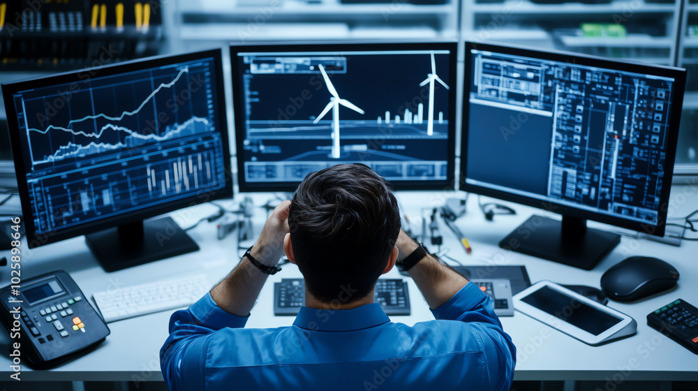 Poster person analyzing data on multiple screens