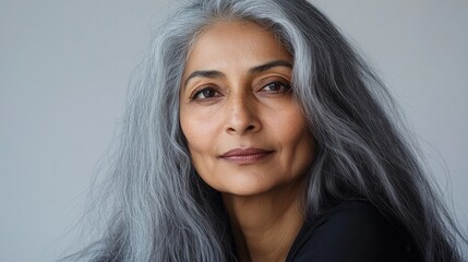 Fototapeta premium A woman with long gray hair is smiling