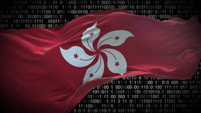 Binary code on flag of Hong Kong. Program source code or Hacker concept on Hong Kong flag. Hong Kong digital technology security, hacking or programming