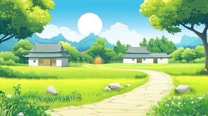 Fototapeta premium A Winding Stone Path Leading to Houses in a Lush Green Landscape