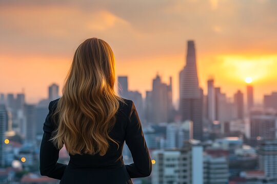 Businesswoman looking through city skyline