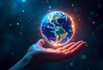 Futuristic Glowing Earth Hologram Above an Outstretched Hand, Surrounded by Vibrant Data Streams and Binary Code in a Cosmic Background