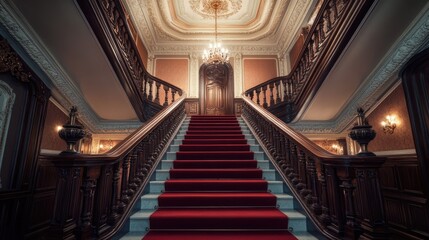 Victorian grand stairwell with a sweeping red carpet runner