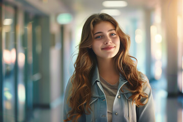 Obraz premium A girl with long brown hair is smiling in a hallway