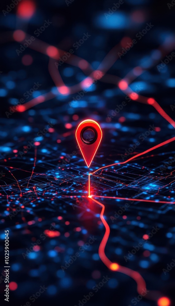Poster digital map with a glowing gps pin and route path, symbolizing location and direction high contrast,