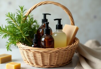 Eco-Friendly Wicker Basket with Herbal Soap Bar, Amber Bottles, and Organic Skincare Products for a Simple, Natural Lifestyle
