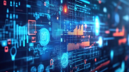 AI, Big Data, and business analytics icons represent the integration of advanced technology in analyzing graphs, business data, and market trends, driving strategic decisions and innovative solutions