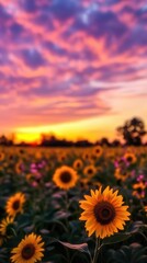 Obraz premium Golden sunflowers in a field, silhouetted by a colorful sunset sky with radiant shades of orange and purple Wideangle shot, capturing the beauty of nature and the fading light
