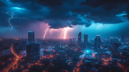 Fototapeta premium A dramatic view of a city skyline under a dark stormy sky, with multiple lightning bolts striking tall skyscrapers in the distance. The storm clouds swirl above, casting deep shadows over the city,