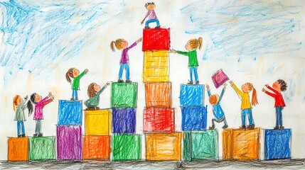 A drawing of a team building a tower of blocks 