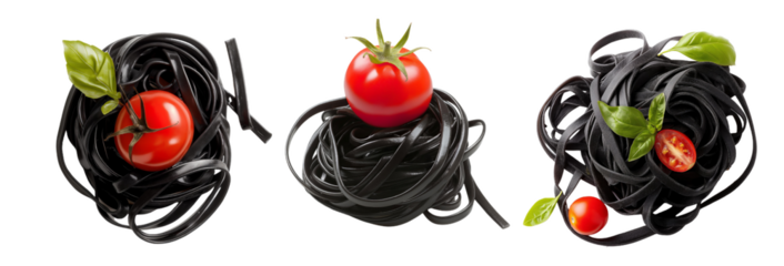 Black Squid Ink pasta Spaghetti with tomatoes and basil isolated on white background set for restaurant menu