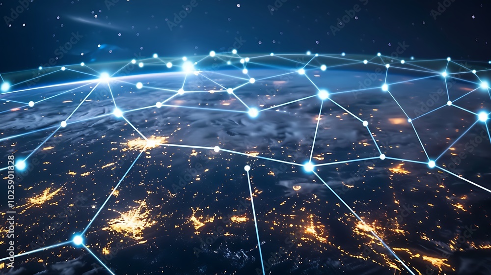 Poster global network with data paths, business theme, background, data paths, global network