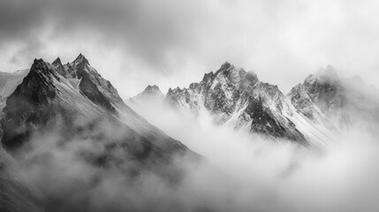 Obraz premium Majestic Cloudy Mountain Peaks in Black and White